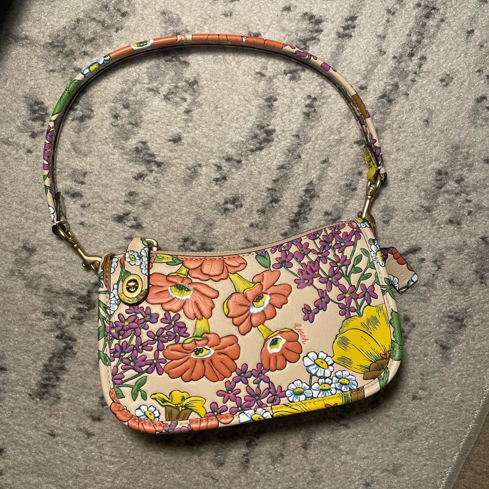 Coach Floral Print Shoulder Bag in Cream, Orange, Green, Pink - Picture 10 of 15